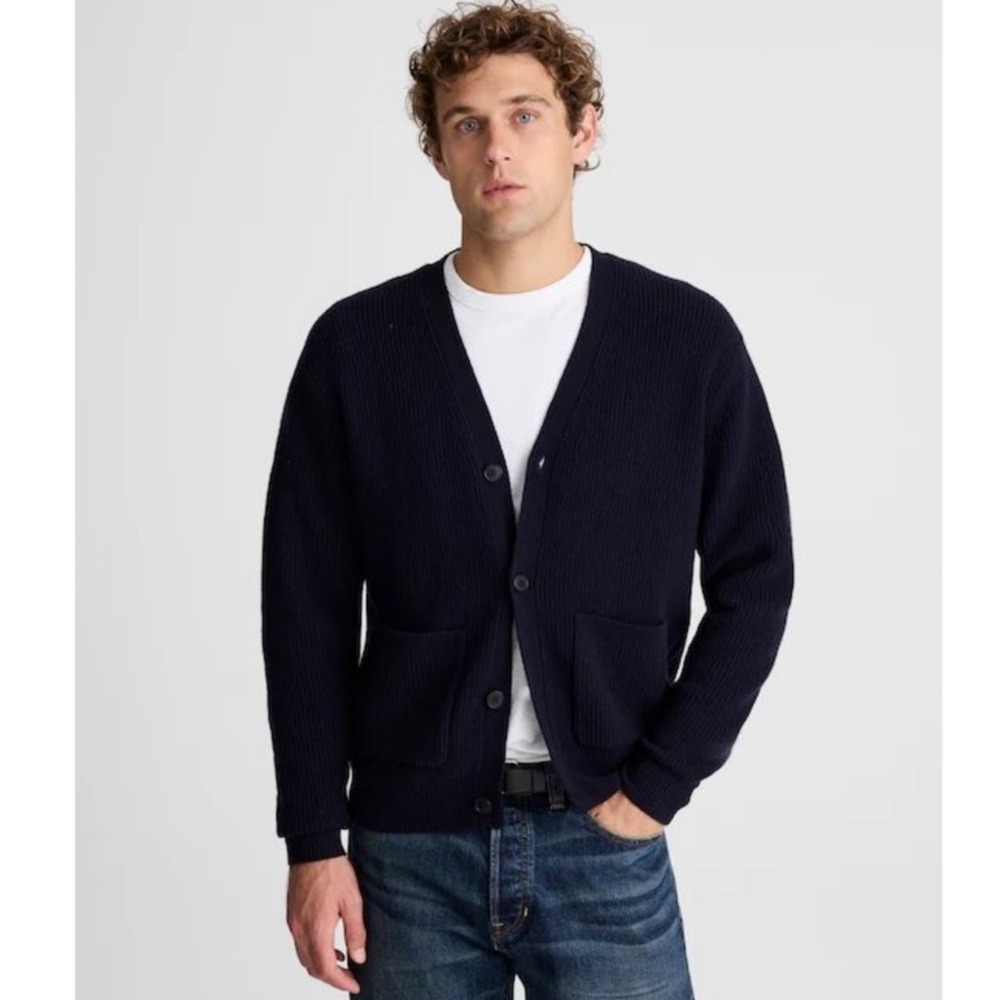 Madewell Heritage Merino Wool Cardigan Navy Blue Ribbed Sweater Mens L NEW NWOT